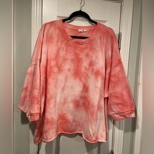 Gap Size XXL Pink Tie Dye 3/4 Sleeve Oversized Raw Hem Crew Neck Terry Top